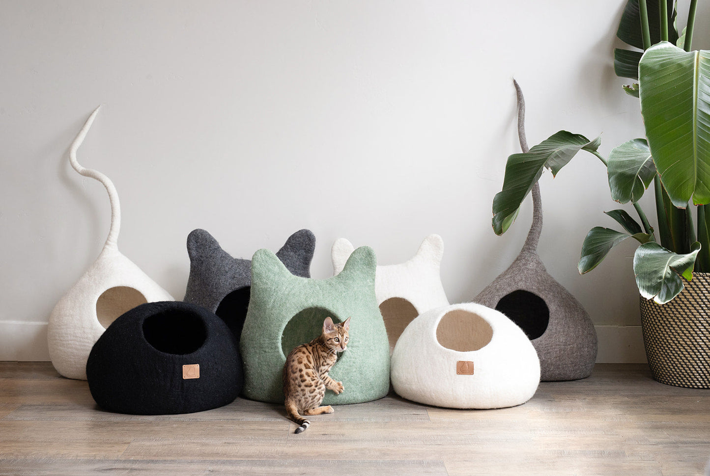 Green Felted Wool Cat Cave for Indoor Cats & Kittens, Handcrafted Peekaboo Hideout Bed for Small & Large Cats, for Napping, Hiding & Cozy Rest