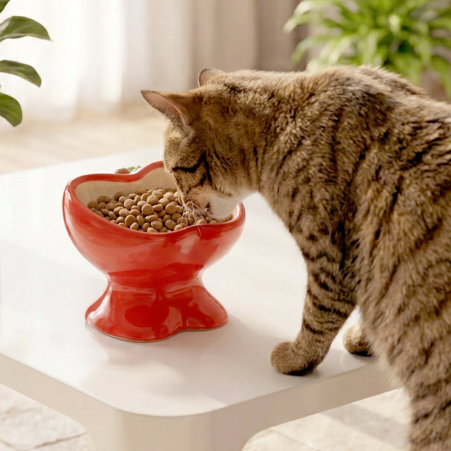 Elevated Ceramic Cat Food Bowl with Tilted Design, Raised Apple-Shaped Feeding Dish for Cats & Kittens, Easy-Clean Bowl for Wet & Dry Food & Treats