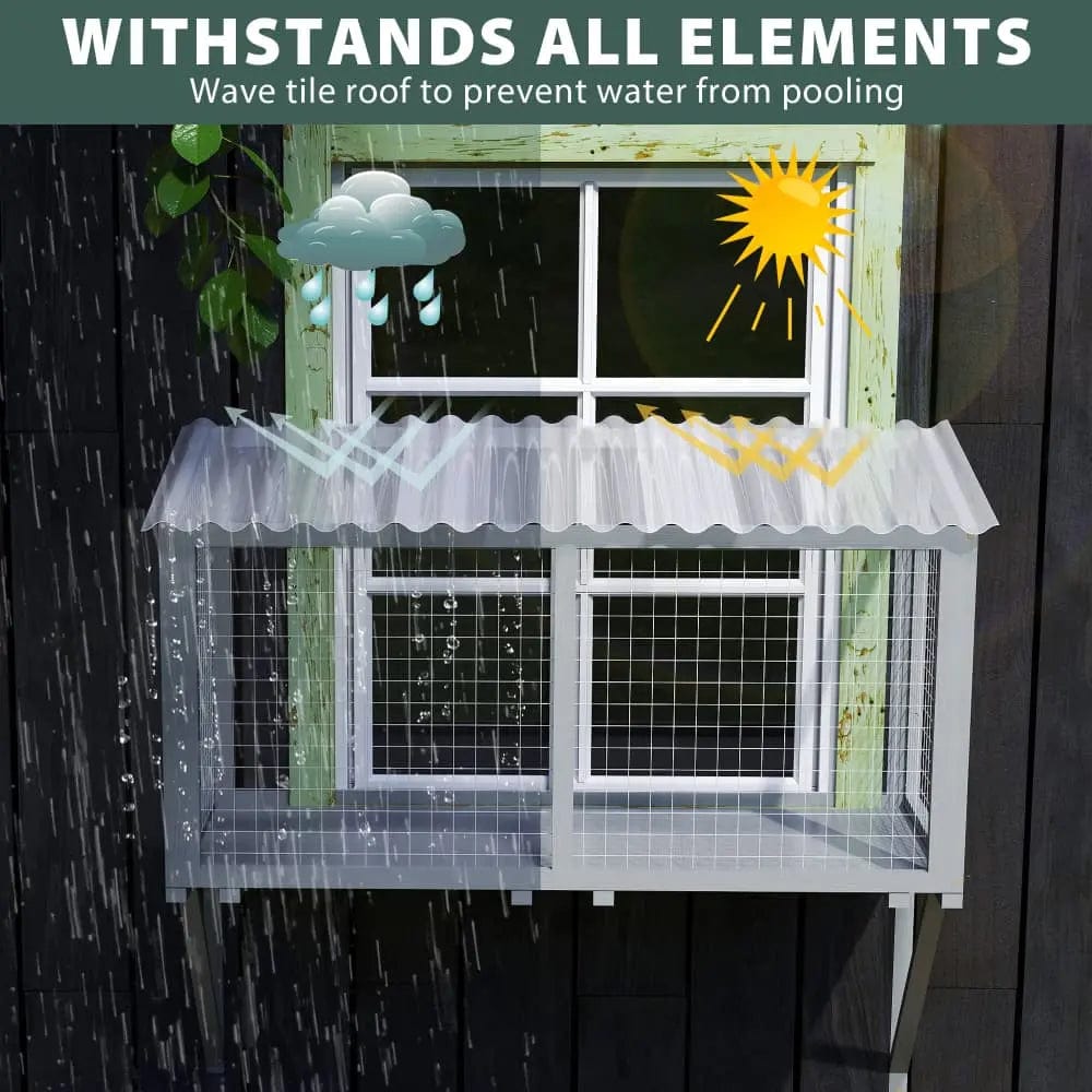Spacious Wooden Window Cat Catio for Indoor Cats, Weatherproof Outdoor Enclosure Box with Mesh & Tile Roof, for Windows, Patios & Sunbathing