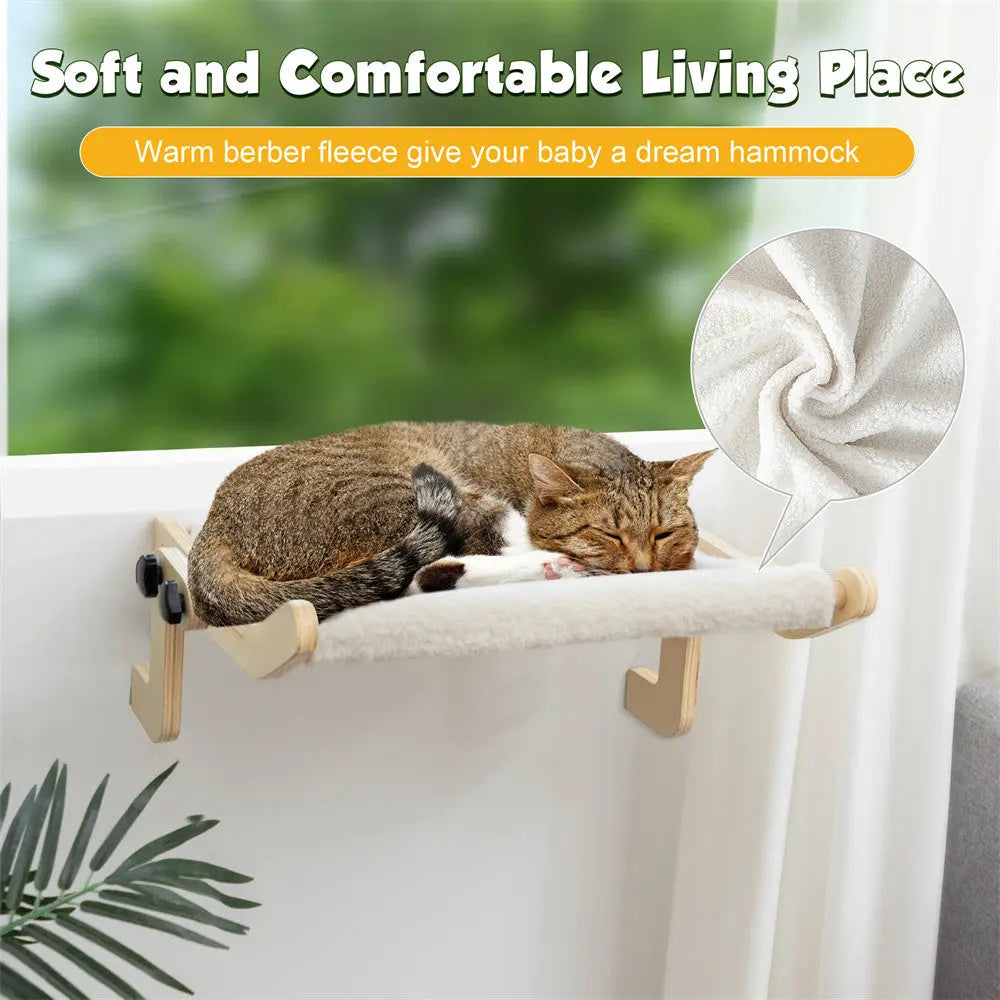 Cozy Wooden Cat Window Hammock for Indoor Cats, Sturdy Sunbathing Window Seat Perch Bed, Easy-Install, for Windowsills, Sunrooms & Apartments
