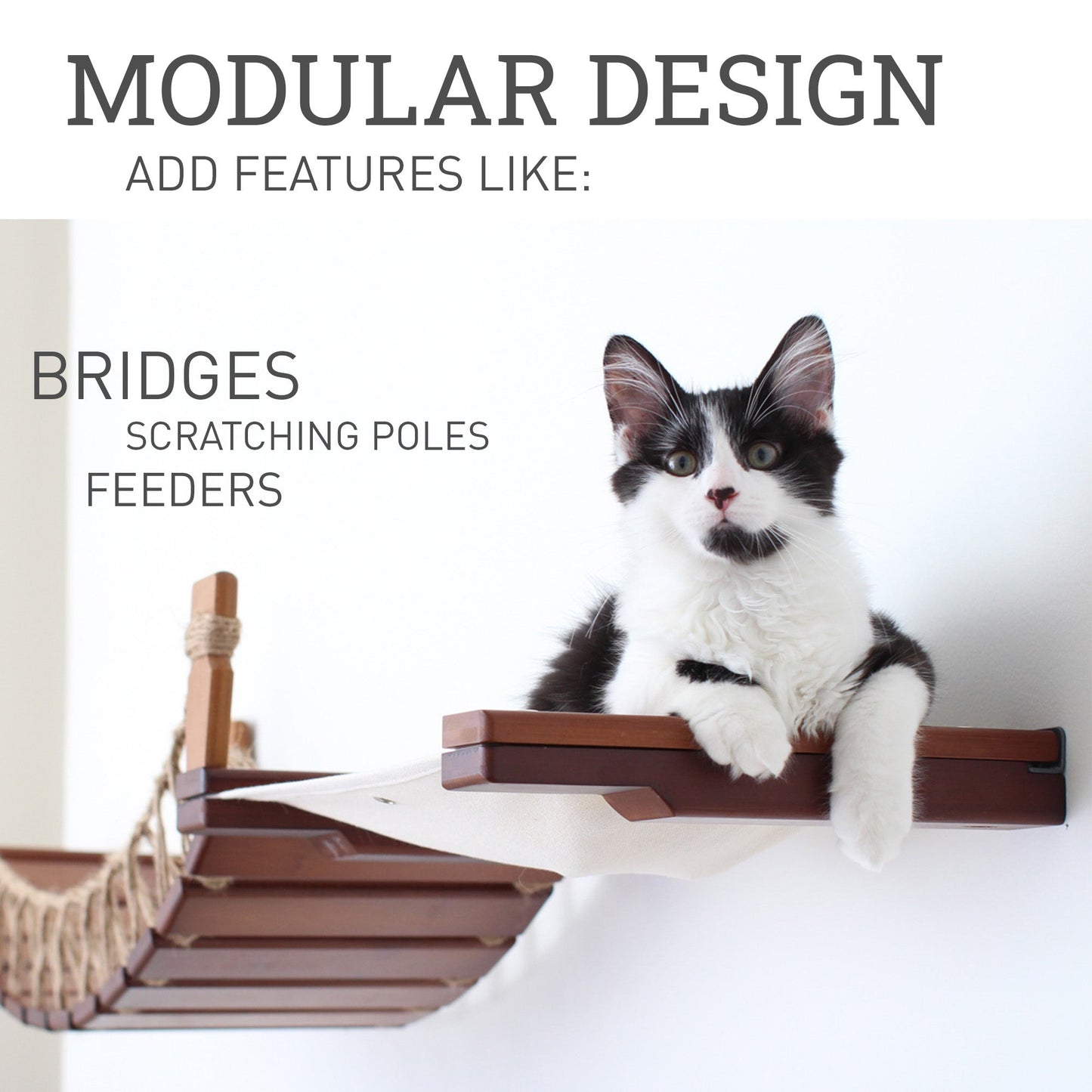 Wall-Mounted Cat Hammock Bed for Indoor Cats, Modular Hanging Lounge with Bamboo Mounting Planks, Stud-Mount Cat Wall Furniture for Napping & Climbing