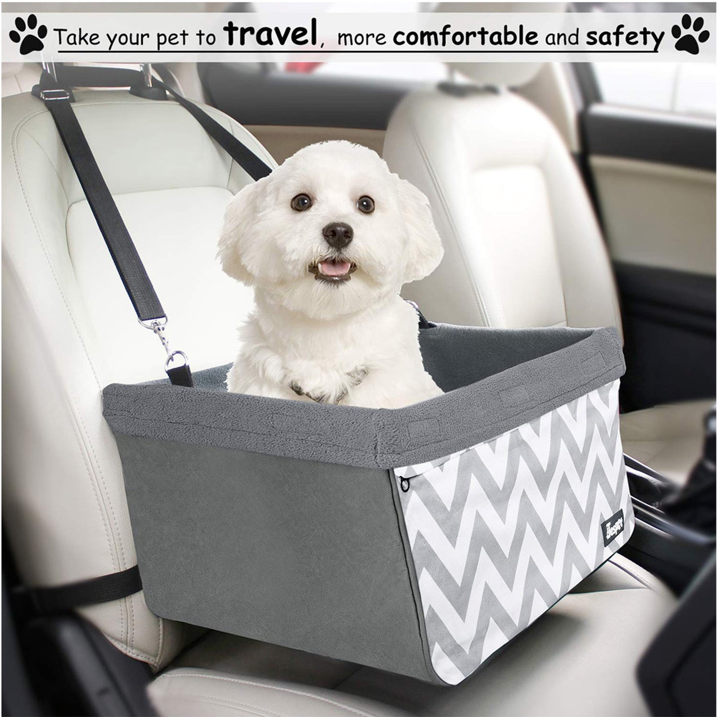 Dog Booster Car Seat for Small Dogs & Puppies, Portable Pet Car Seat with Safety Tether, Washable Sherpa Liner & Foldable Frame, for Travel & Road Trips