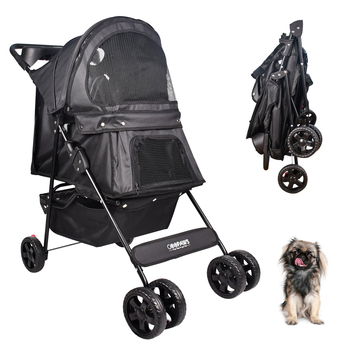 Lightweight Cat & Small Dog Stroller, Foldable 4 Wheel Pet Travel Buggy with Ventilated Mesh Screens, Swivel Front Wheels, Cup Holders & Storage Tray