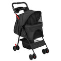 Black four-wheel pet stroller with a canopy compartment, mesh windows, cup tray and under-seat basket