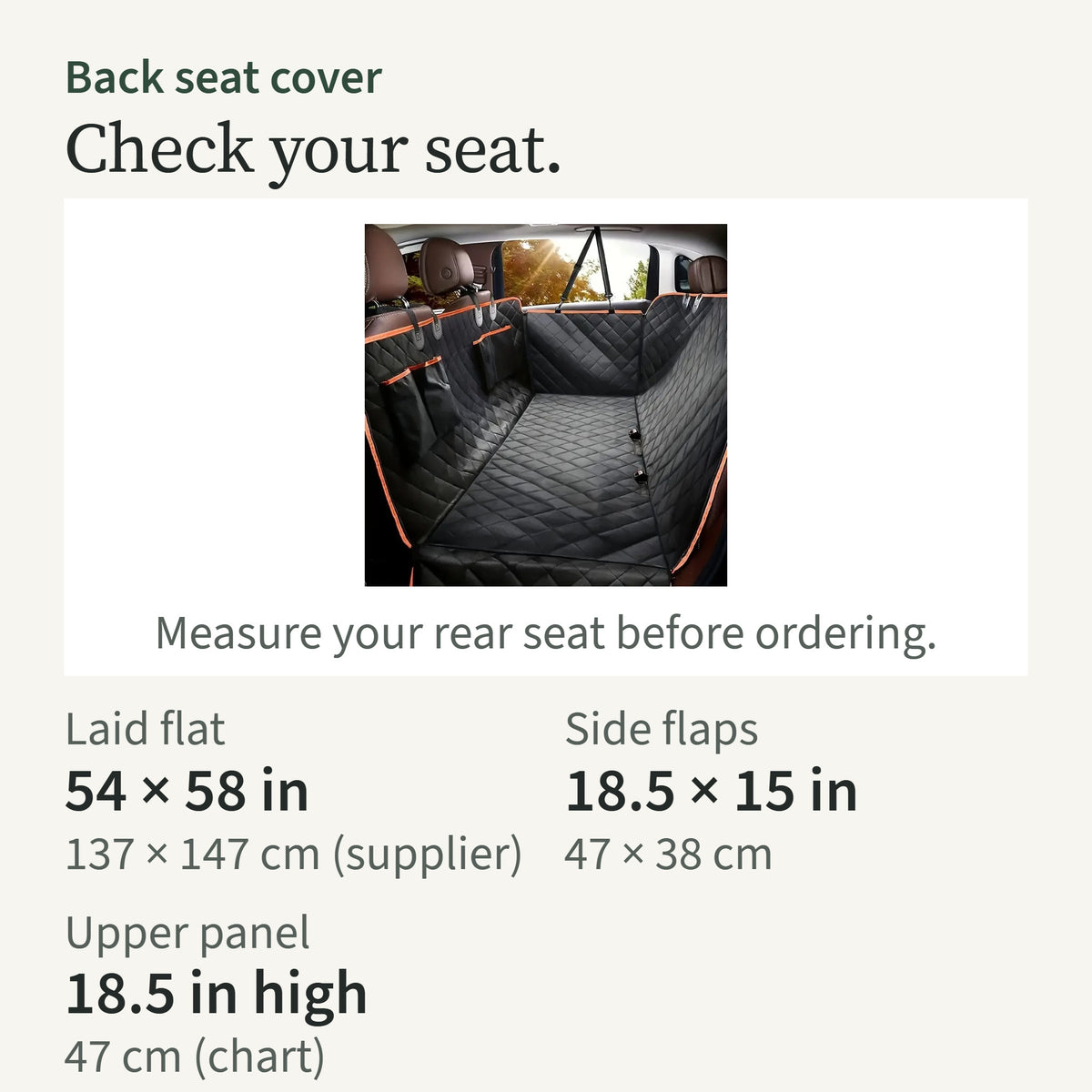 Size card: 54 by 58 in laid flat, side flaps 18.5 by 15 in, upper panel 18.5 in high
