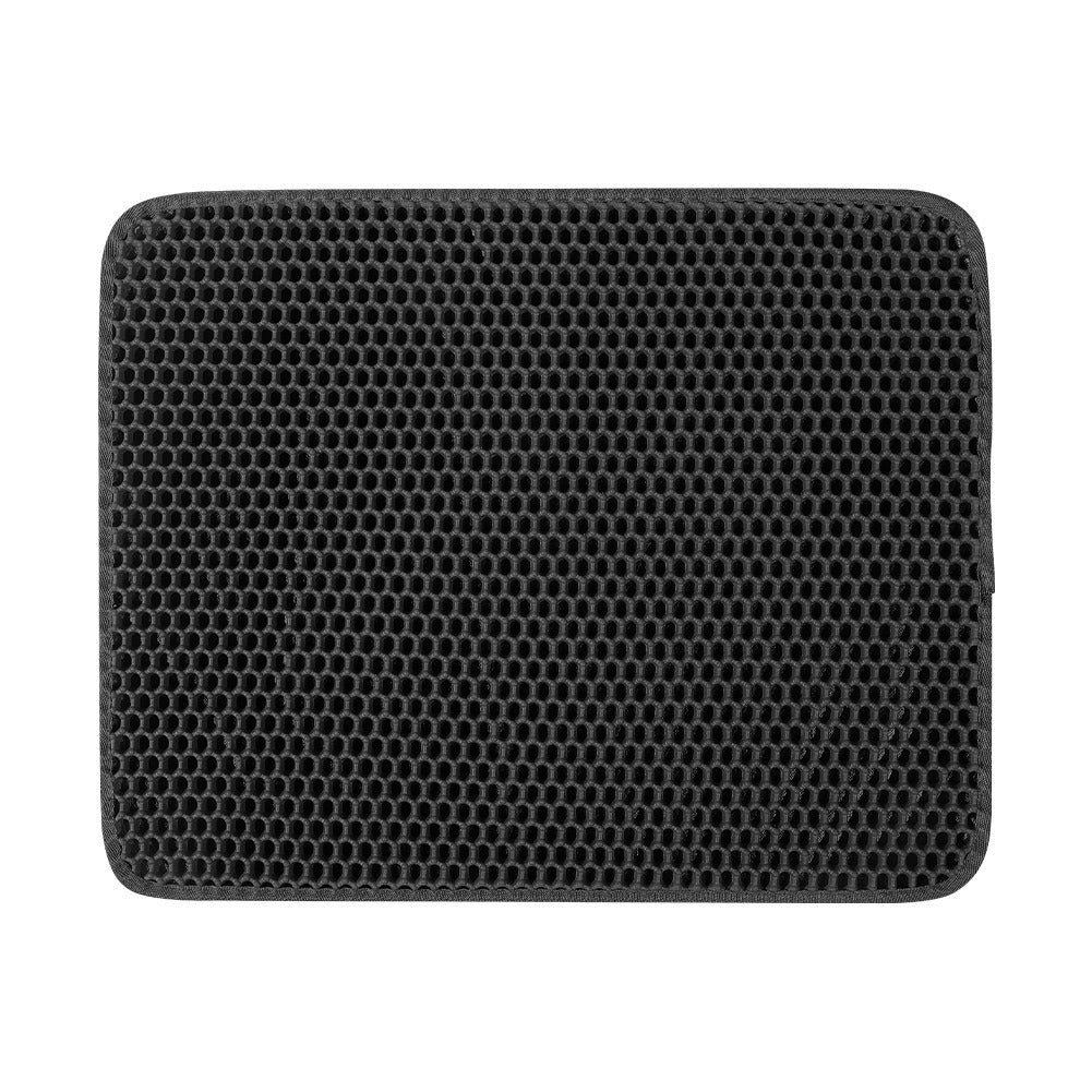 Black honeycomb double-layer litter mat with a bound edge, seen from above on a white background