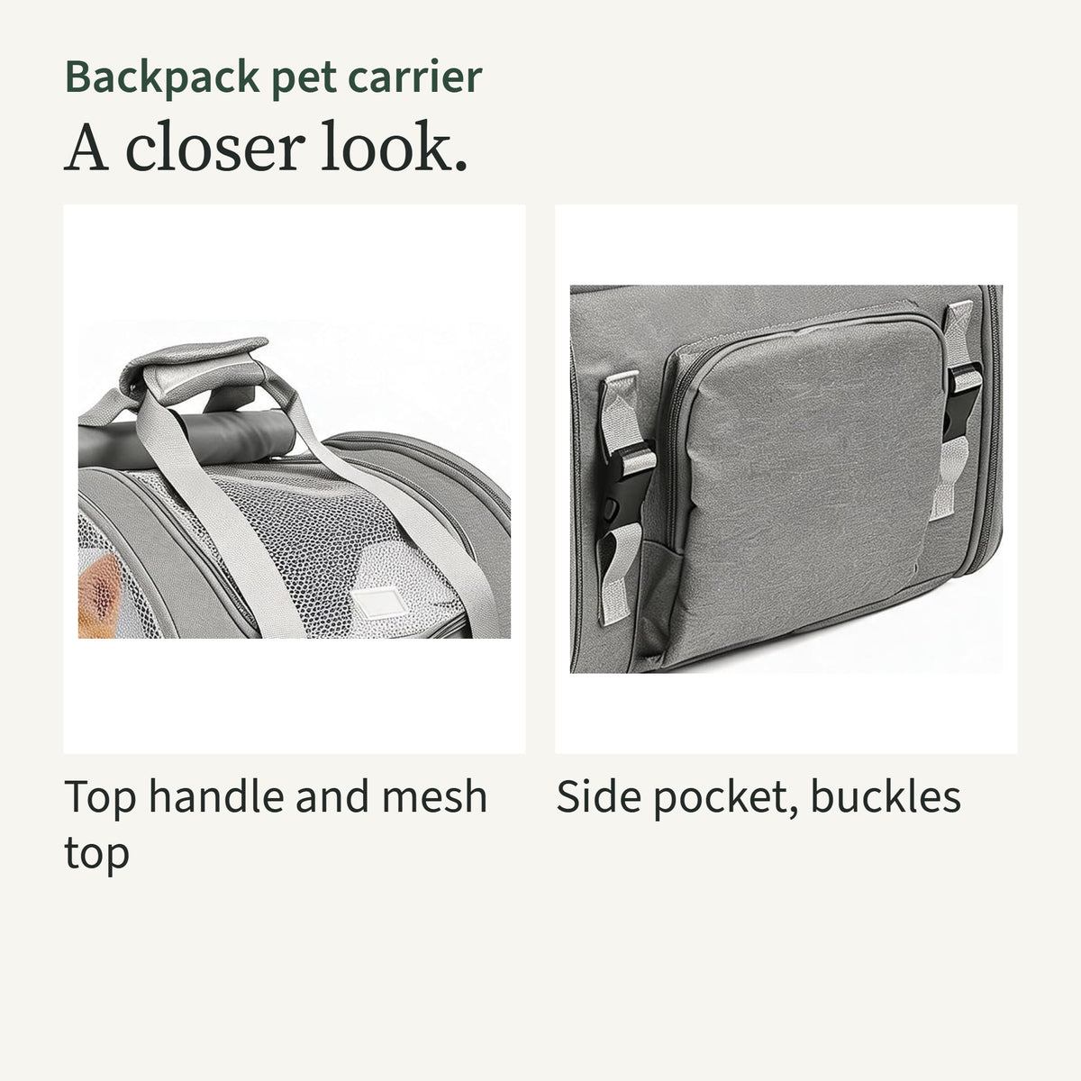 Close-ups of the top handle with the mesh top panel, and the side pocket with its two buckles