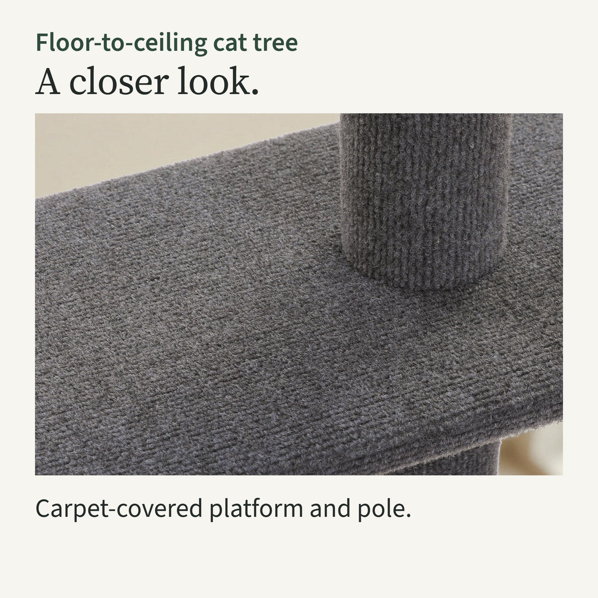Close-up of a carpet-covered platform on the dark grey pole