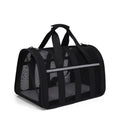Black mesh soft pet carrier with two top handles and a grey reflective strip