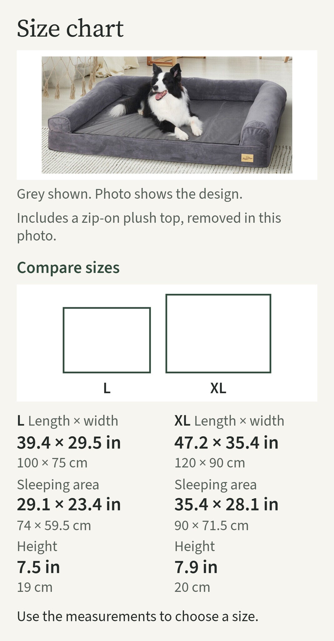 Size chart comparing sizes L, XL: L 39.4 by 29.5 in; XL 47.2 by 35.4 in; grey shown