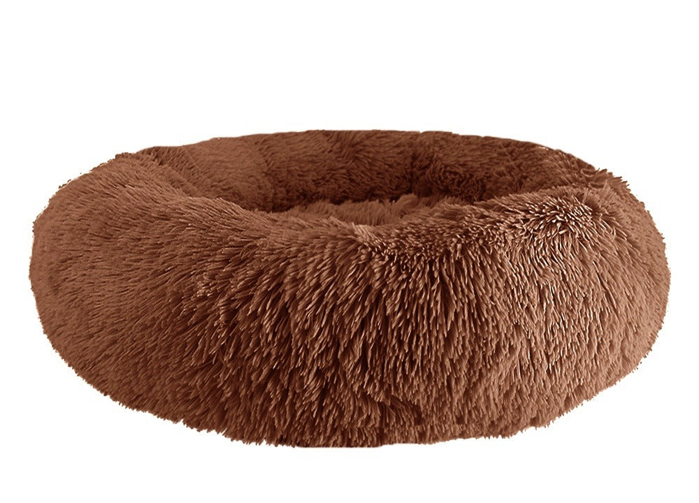 Coffee-brown long-pile faux-fur donut bed with a raised rim, on a white background