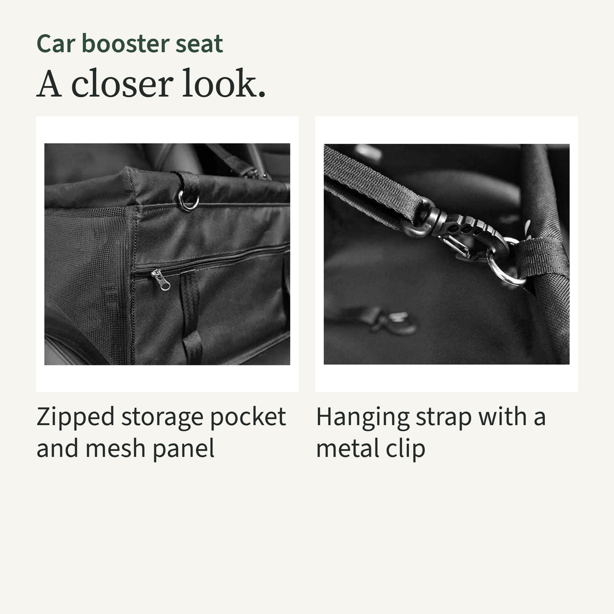 Close-ups of the zipped storage pocket with the mesh panel, and a hanging strap clipped to the rim with a metal clip
