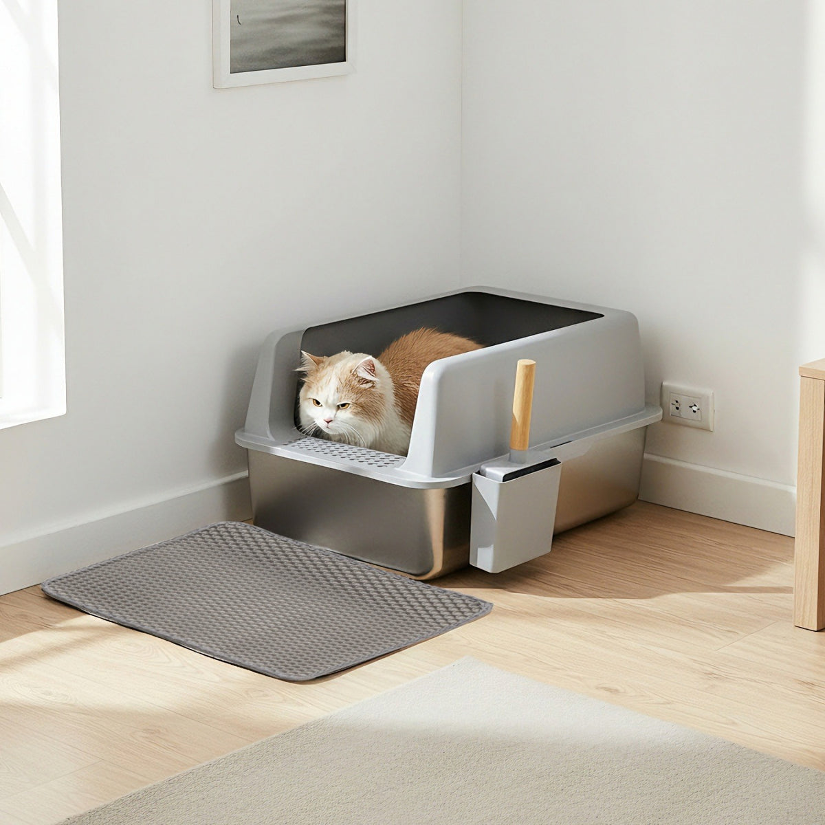 Grey and silver litter box in a room corner with a cat inside and a grey litter mat in front