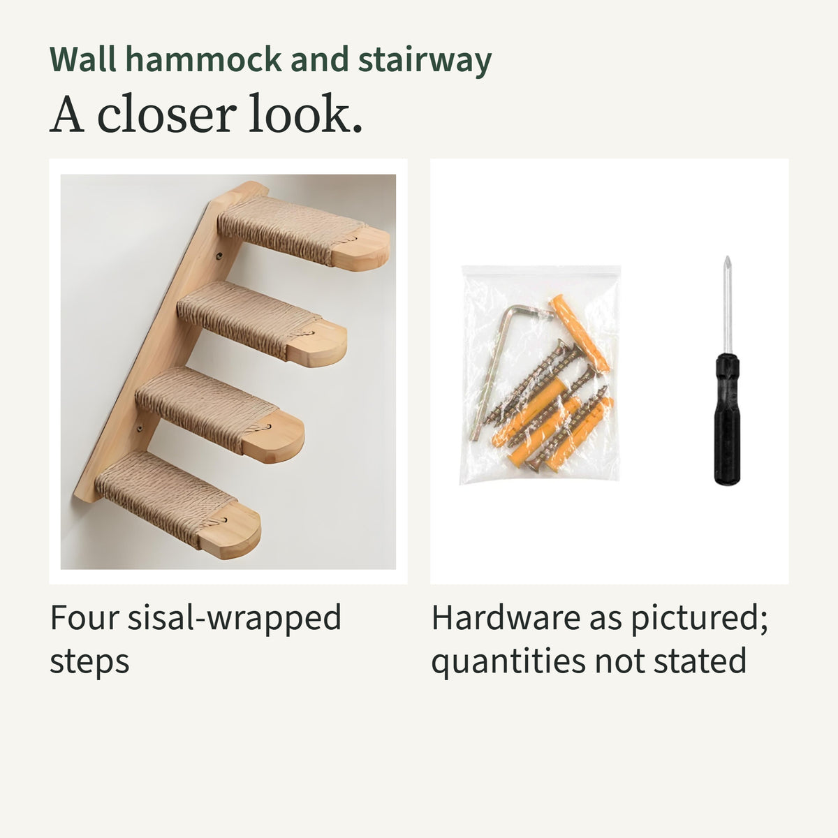 Close-ups of the four sisal-wrapped steps and the screws, anchors, hex key and screwdriver shown by the supplier