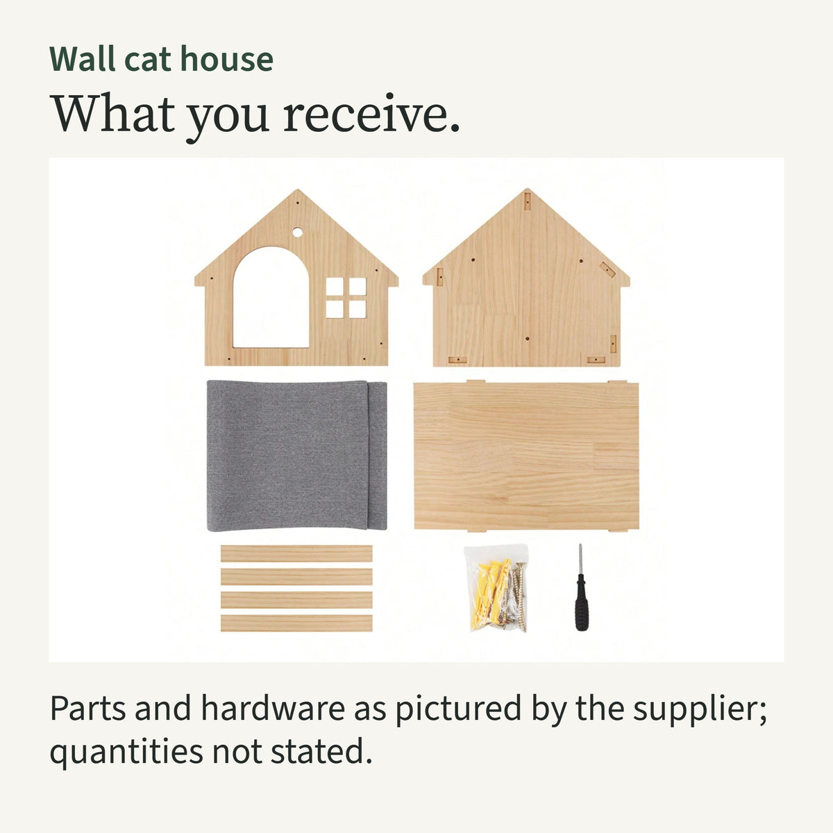 Flat-packed parts: front and back panels, fabric roof, base board, slats and a hardware bag with a screwdriver