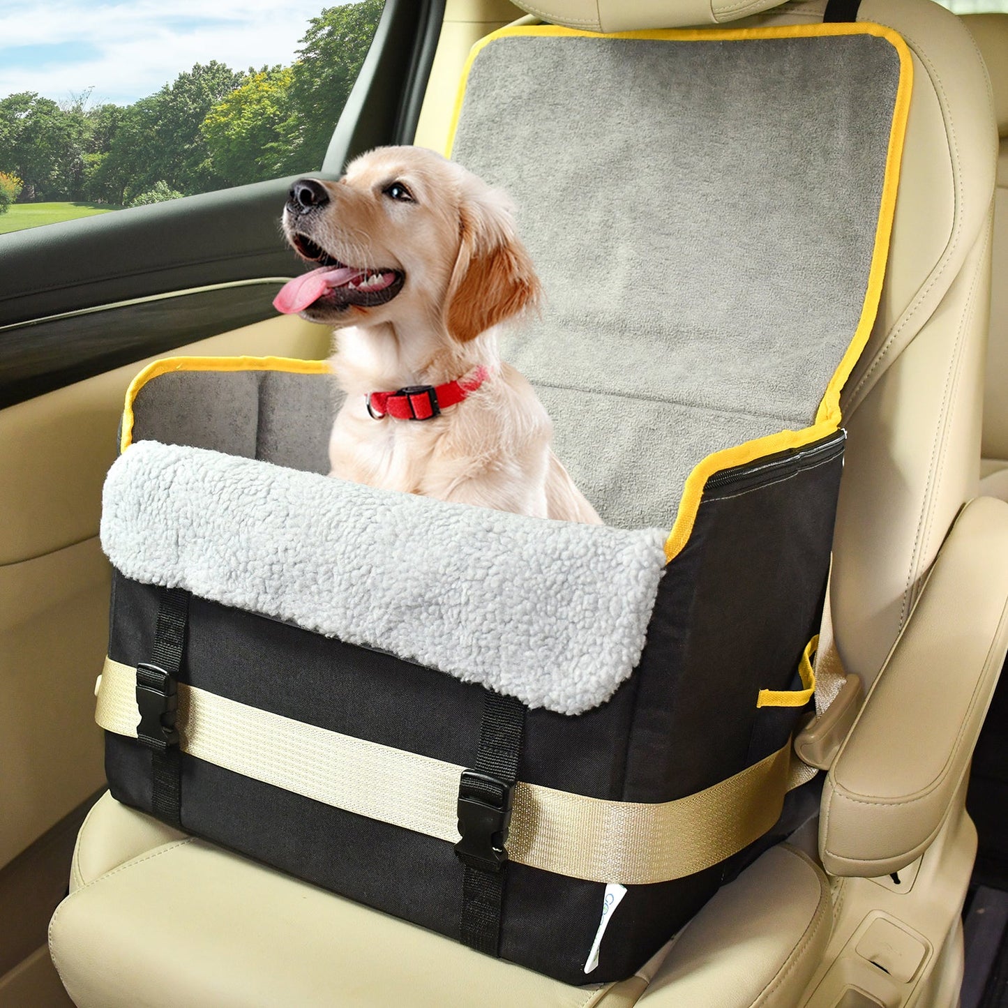 Portable Dog Booster Car Seat for Small & Medium Dogs, Waterproof Travel Pet Car Bed with Safety Leash, Foldable Elevated Seat for Pets up to 25 lbs