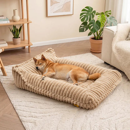 Ribbed Plush Orthopedic Bolster Dog Sofa Bed for Small, Medium & Large Dogs, Foam Couch Bed with Removable Washable Cover, Non-Slip, for Living Rooms