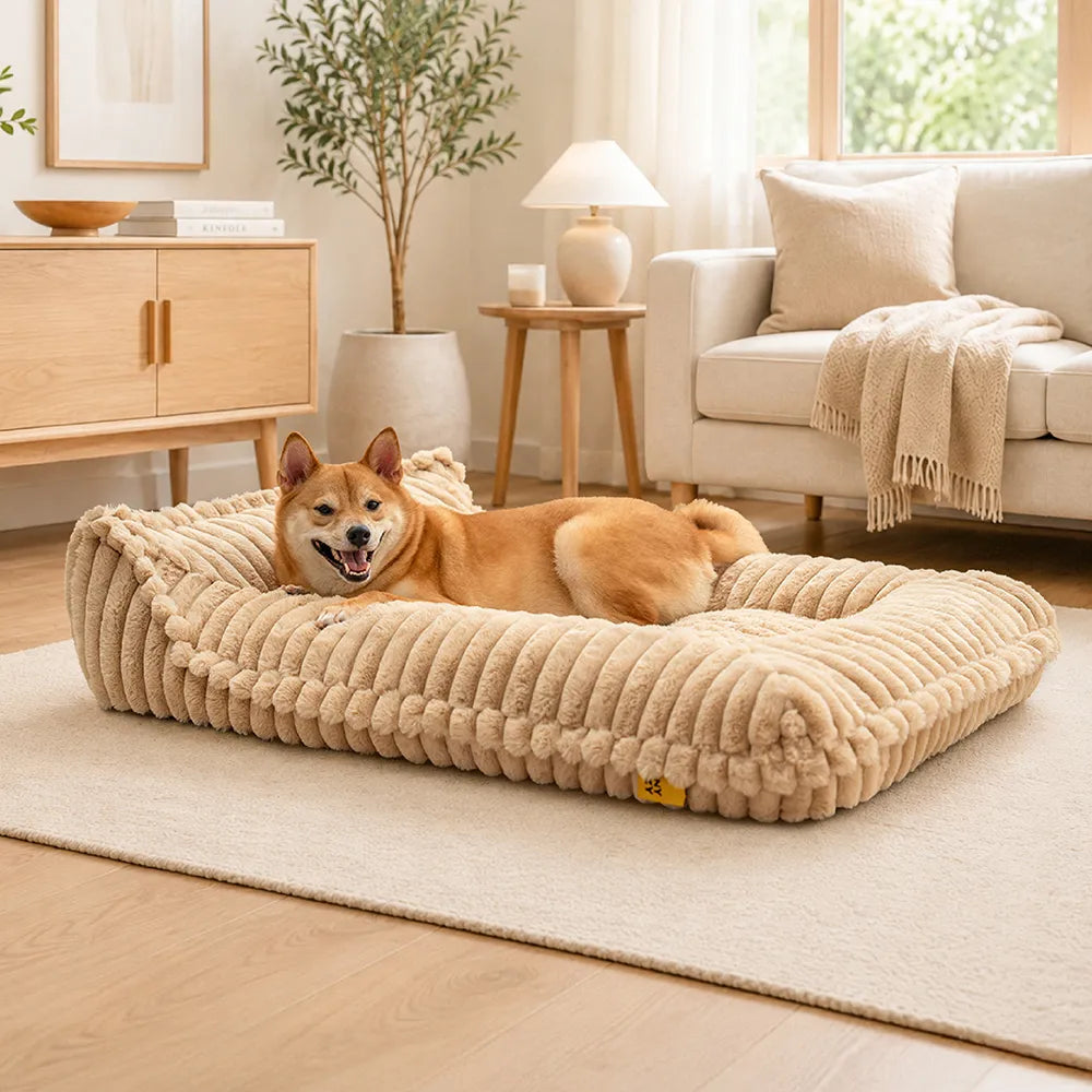 Ribbed Plush Orthopedic Bolster Dog Sofa Bed for Small, Medium & Large Dogs, Foam Couch Bed with Removable Washable Cover, Non-Slip, for Living Rooms