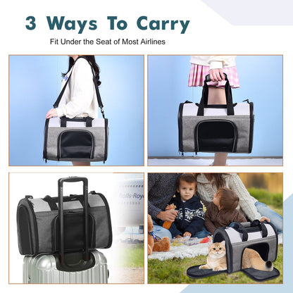 Collapsible Airline Pet Carrier for Small Dogs & Cats, Foldable Travel Bag with Mesh Ventilation, Fleece Mat & Pockets, for Flights, Cars & Outdoors