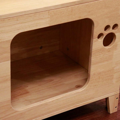 Modern Cat House Side Table for Indoor Cats, Wood Cat Condo Furniture with Scratching Posts & Hanging Toys, for Living Rooms, Bedrooms & Small Spaces