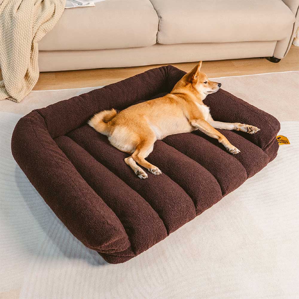 Cozy Fleece Dog Sofa Bed with Headrest for Medium & Large Dogs, Supportive Bolster Pet Couch, Machine Washable, Non-Slip, for Winter Naps & Bedrooms