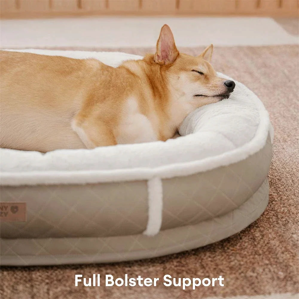 Calming Donut Dog Bed for Small & Medium Dogs, Faux Fur & Faux Leather Round Pet Bed with Bolster Support, Removable Washable Cover, for Sleeping & Anxiety Relief
