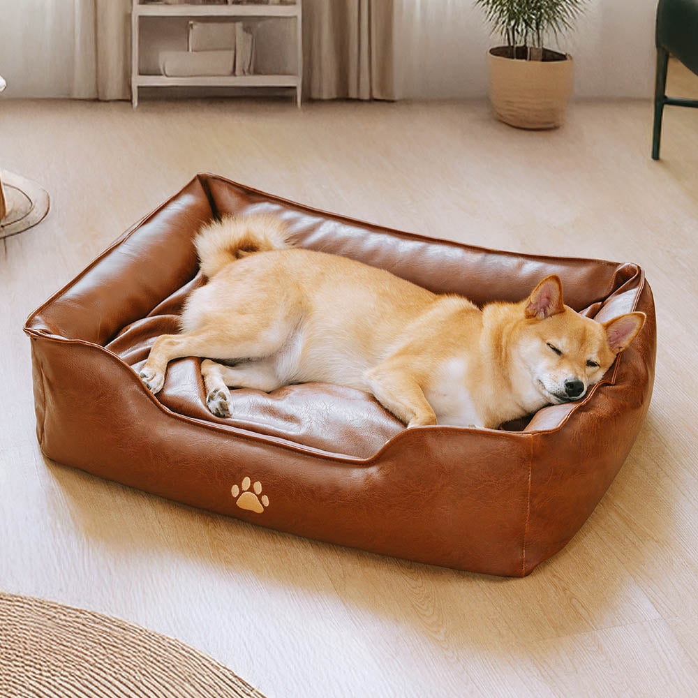 Waterproof Faux Leather Dog Sofa Bed for Small, Medium & Large Dogs, Stain-Resistant Bolster Pet Couch, Removable Washable Cushions, for Living Rooms