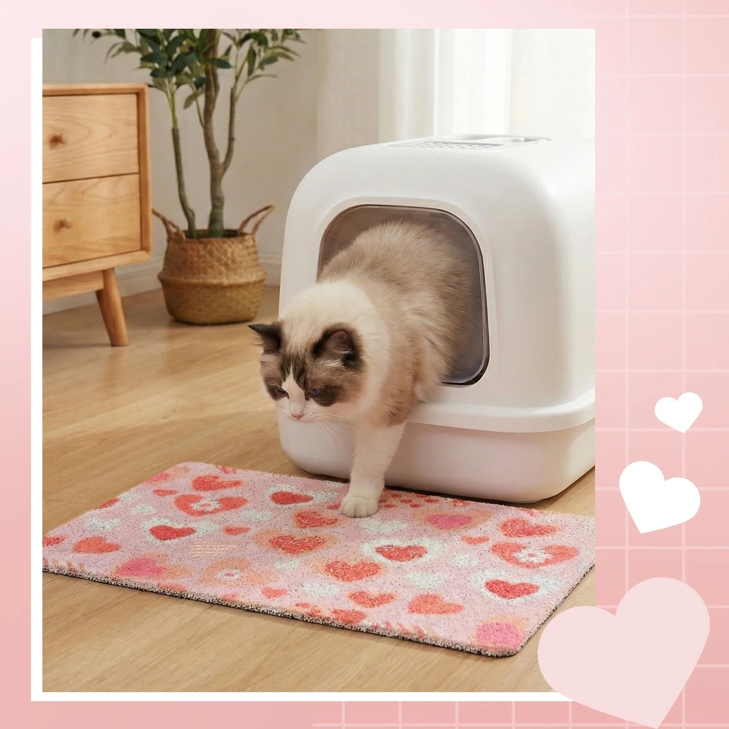 Heart Pattern Cat Litter Mat for Indoor Cats, Soft Litter Trapping Rug, Paw-Friendly & Easy to Clean, for Litter Boxes, Bathrooms & Laundry Rooms