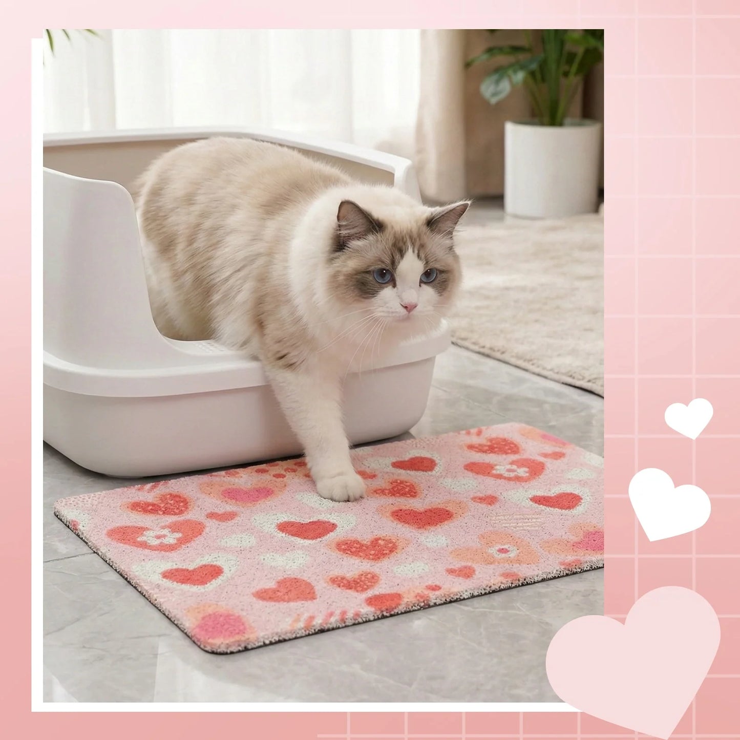 Heart Pattern Cat Litter Mat for Indoor Cats, Soft Litter Trapping Rug, Paw-Friendly & Easy to Clean, for Litter Boxes, Bathrooms & Laundry Rooms