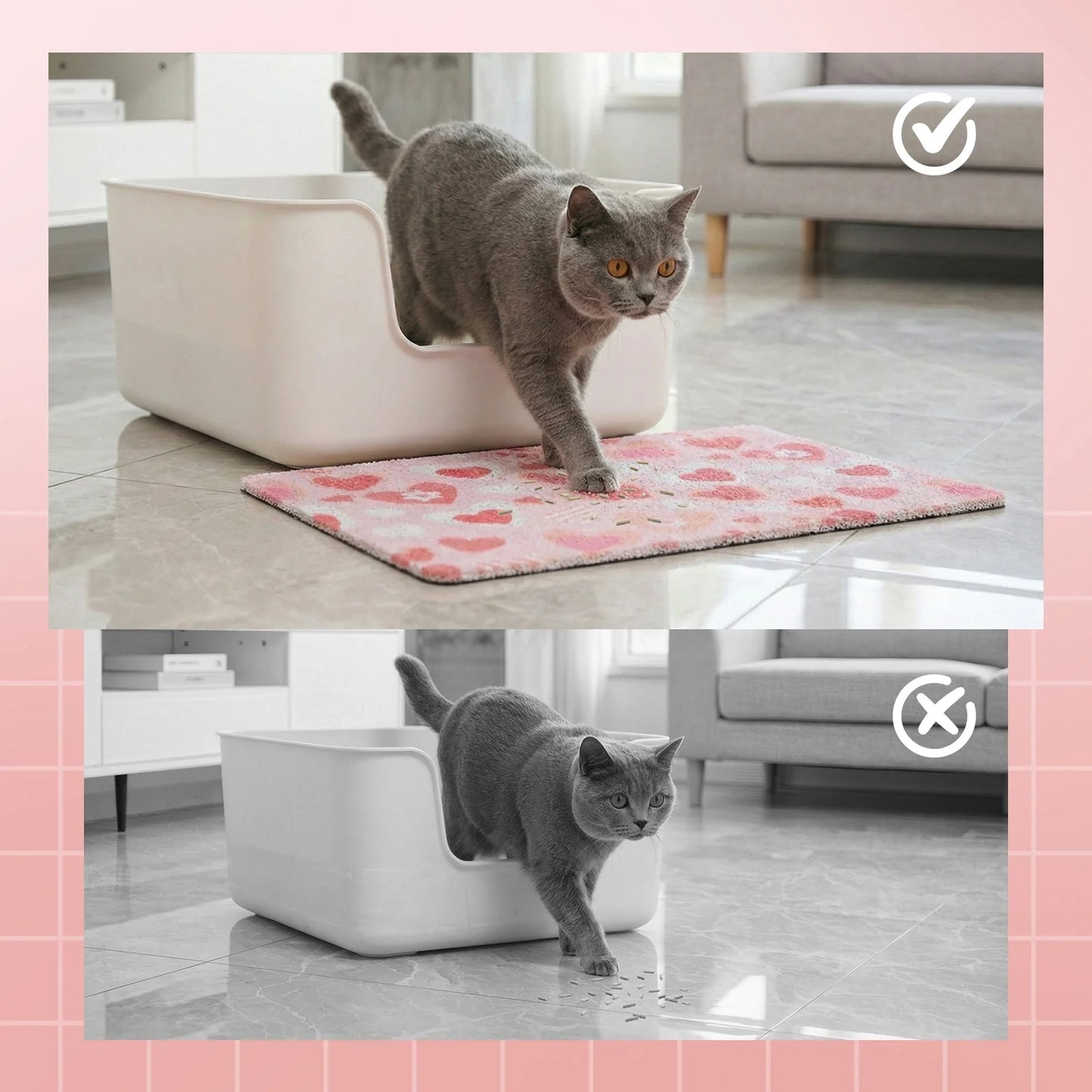 Heart Pattern Cat Litter Mat for Indoor Cats, Soft Litter Trapping Rug, Paw-Friendly & Easy to Clean, for Litter Boxes, Bathrooms & Laundry Rooms