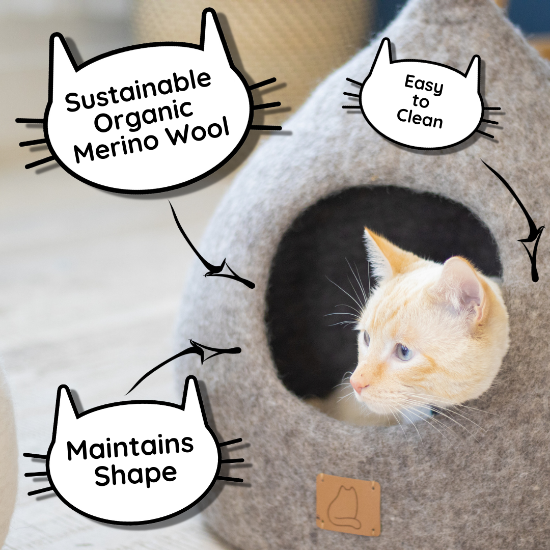 Cute Kitty Felted Wool Cat Cave for Indoor Cats & Kittens, Handcrafted Peekaboo Hideaway Bed with Ears & Whiskers, for Napping, Hiding & Playing
