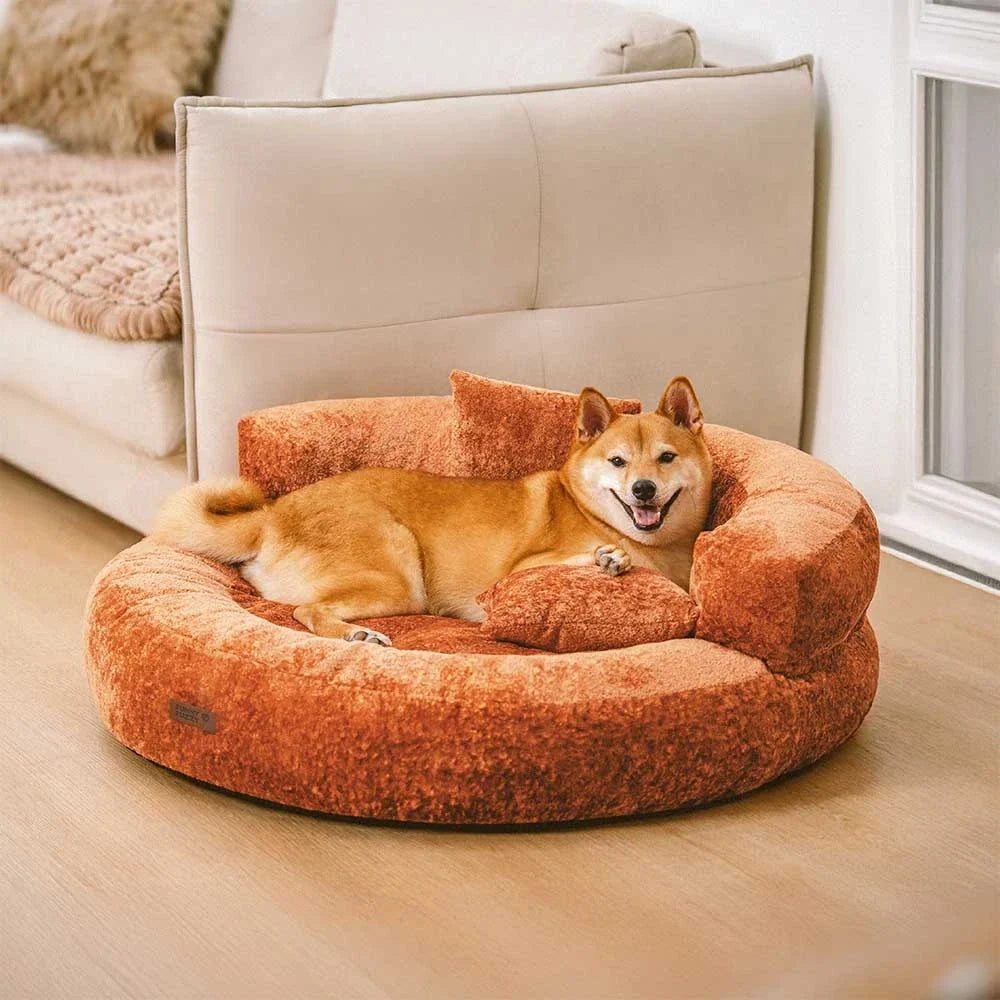 Calming Donut Dog Bed for Small & Medium Dogs, Orthopedic Round Velvet Pet Bed with Pillow, Washable Zip Cover, Non-Slip, for Senior & Anxious Dogs