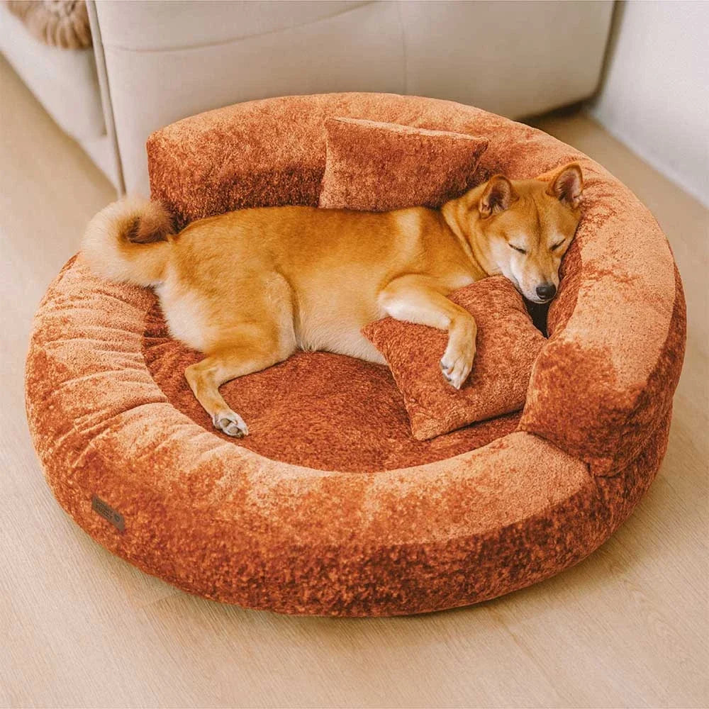 Calming Donut Dog Bed for Small & Medium Dogs, Orthopedic Round Velvet Pet Bed with Pillow, Washable Zip Cover, Non-Slip, for Senior & Anxious Dogs