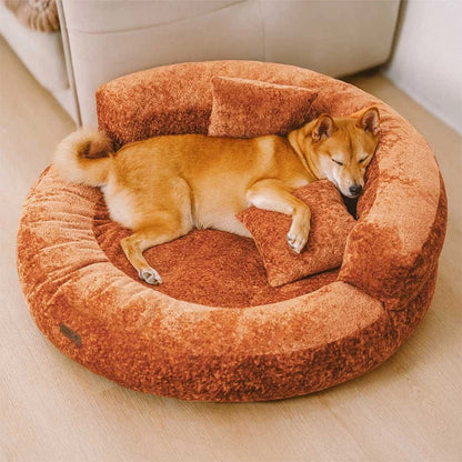 Calming Donut Dog Bed for Small & Medium Dogs, Orthopedic Round Velvet Pet Bed with Pillow, Washable Zip Cover, Non-Slip, for Senior & Anxious Dogs