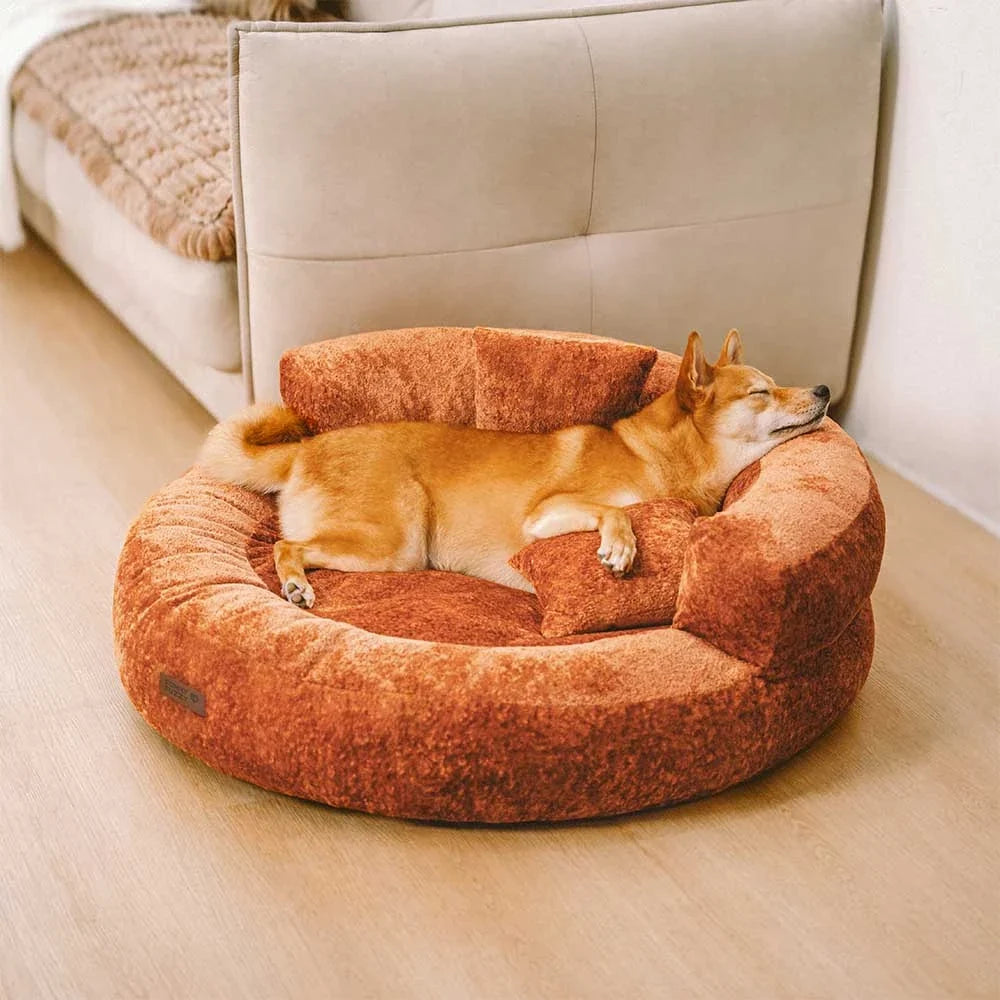 Calming Donut Dog Bed for Small & Medium Dogs, Orthopedic Round Velvet Pet Bed with Pillow, Washable Zip Cover, Non-Slip, for Senior & Anxious Dogs