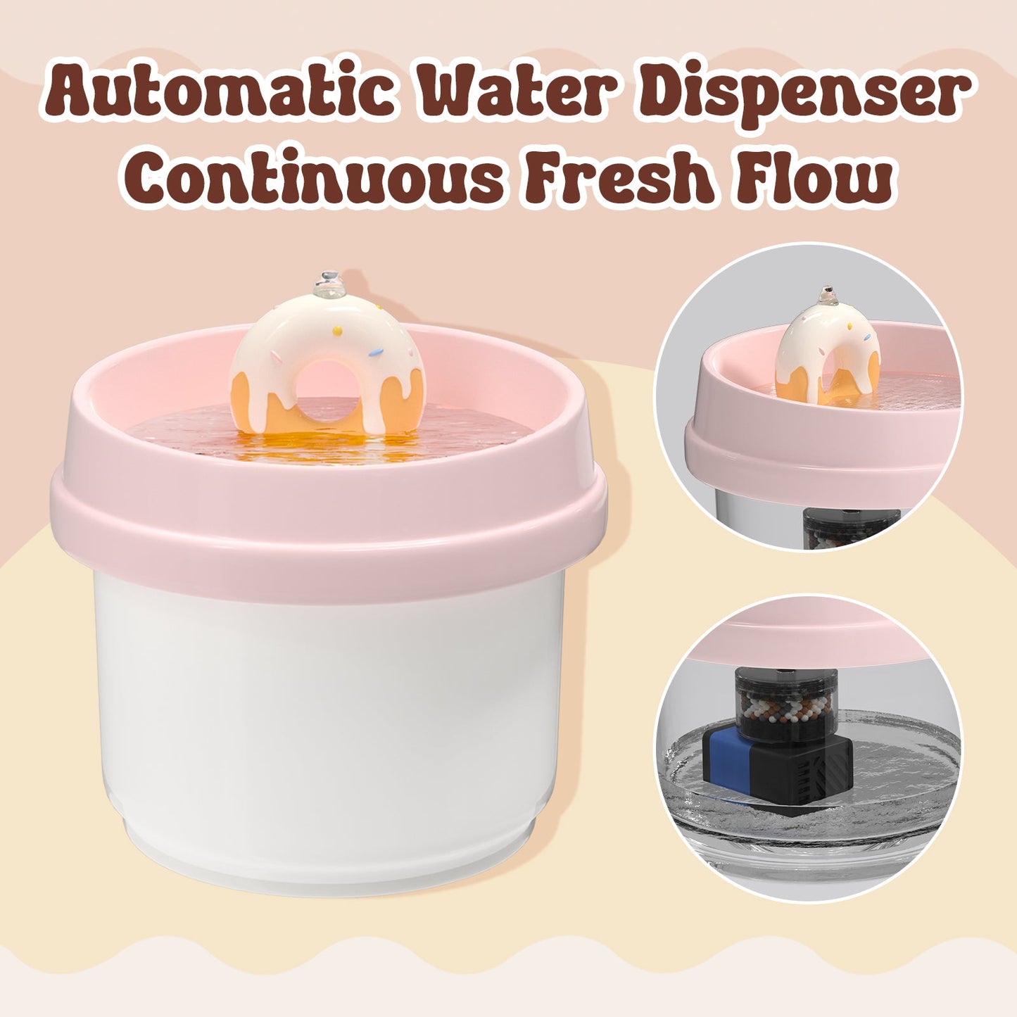 Donut-Shaped Ceramic Cat Water Fountain 42oz, Ultra-Quiet Automatic Pet Drinking Fountain with Filter, Dust Cover & Smart Sensor, for Cats & Pets
