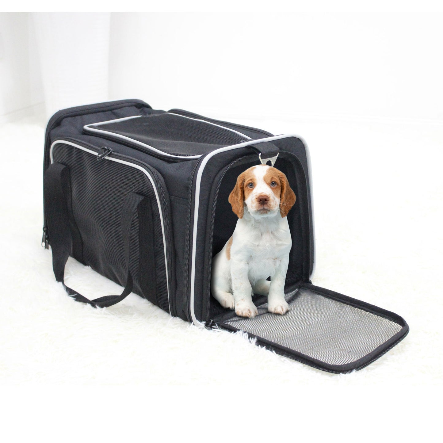 Durable Soft-Sided Travel Carrier for Small Dogs & Cats up to 19 lbs, Waterproof Pet Bag with Mesh Windows & Seat Belt Strap, for Car & Vet Trips