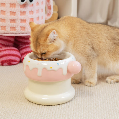 Elevated Ceramic Cat Bowl Set with Donut Design, 27oz Raised Food & Water Bowls, Whisker-Friendly Shallow & Deep Dishes, Anti-Strain Cat Feeder