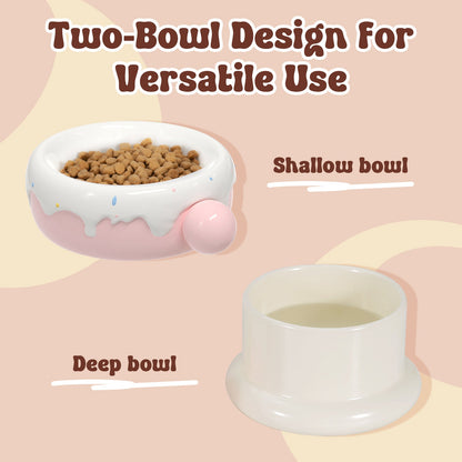 Elevated Ceramic Cat Bowl Set with Donut Design, 27oz Raised Food & Water Bowls, Whisker-Friendly Shallow & Deep Dishes, Anti-Strain Cat Feeder