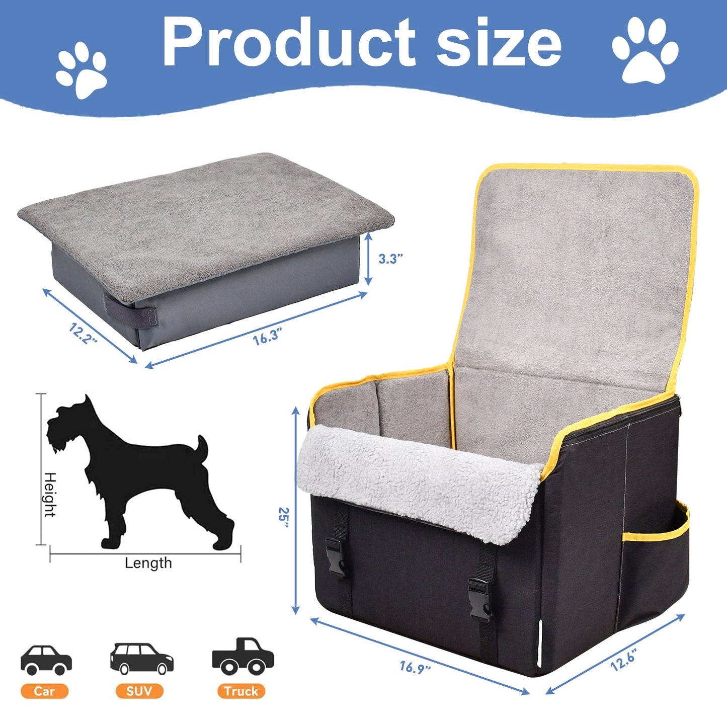 Portable Dog Booster Car Seat for Small & Medium Dogs, Waterproof Travel Pet Car Bed with Safety Leash, Foldable Elevated Seat for Pets up to 25 lbs