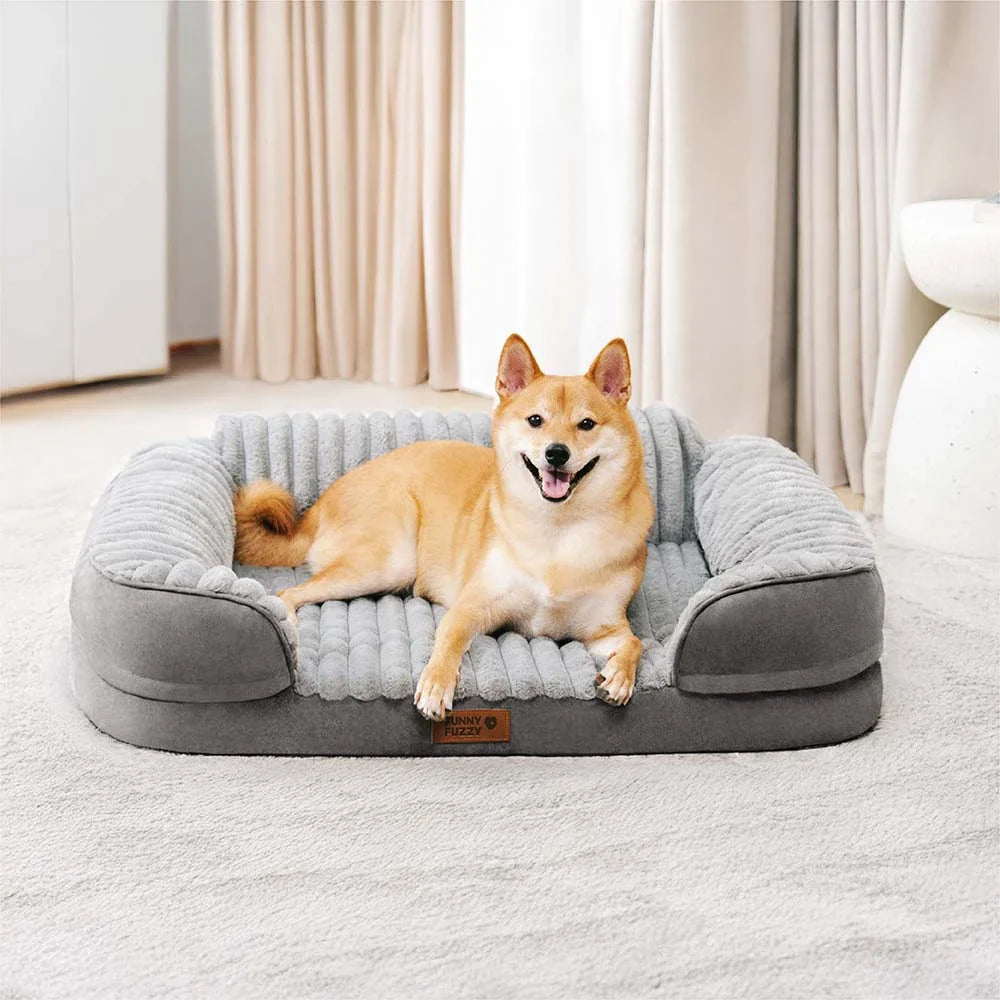 Fluffy Plush Bolster Dog Bed for Small & Medium Dogs, Sofa-Style Supportive Pet Couch with Washable Cover, Non-Slip, for Senior Dogs, Naps & Bedrooms