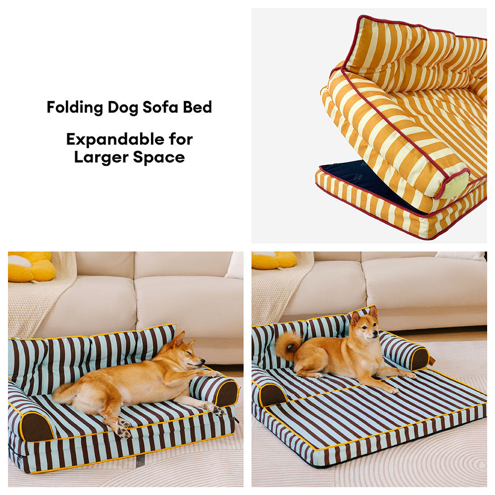 Striped Water-Repellent Dog Sofa Bed for Medium & Large Dogs, Foldable Bolster Pet Couch for Crates, Naps & Living Rooms, Soft Supportive Cushion