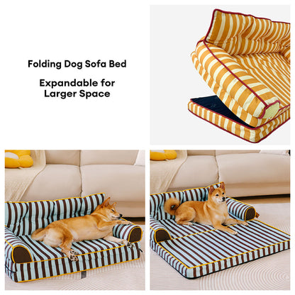 Striped Water-Repellent Dog Sofa Bed for Medium & Large Dogs, Foldable Bolster Pet Couch for Crates, Naps & Living Rooms, Soft Supportive Cushion