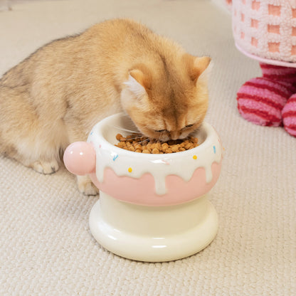 Elevated Ceramic Cat Bowl Set with Donut Design, 27oz Raised Food & Water Bowls, Whisker-Friendly Shallow & Deep Dishes, Anti-Strain Cat Feeder