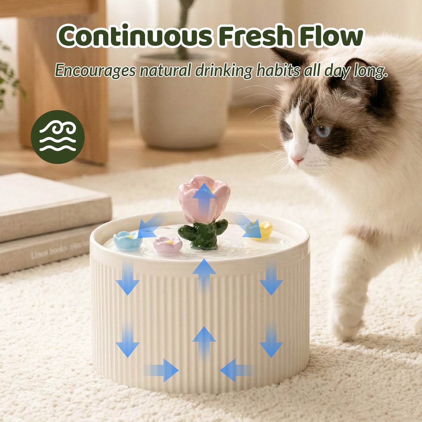 Tulip Garden Cat Water Fountain 42oz, Flower-Design Automatic Pet Drinking Fountain for Cats & Small Pets, Fresh Circulating Water Dispenser for Home