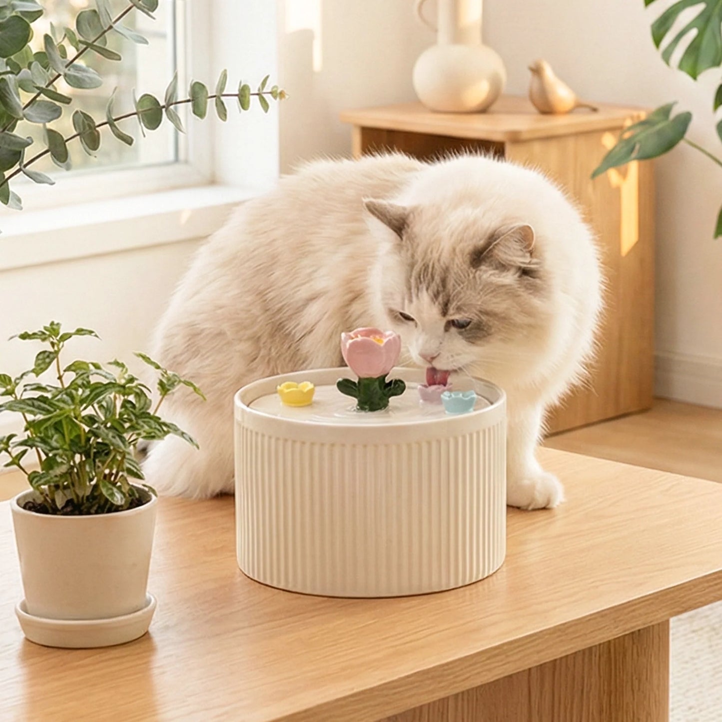 Tulip Garden Cat Water Fountain 42oz, Flower-Design Automatic Pet Drinking Fountain for Cats & Small Pets, Fresh Circulating Water Dispenser for Home