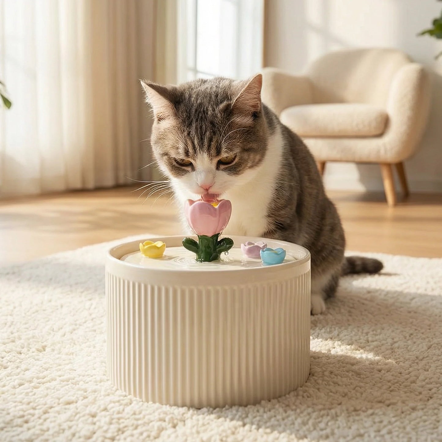 Tulip Garden Cat Water Fountain 42oz, Flower-Design Automatic Pet Drinking Fountain for Cats & Small Pets, Fresh Circulating Water Dispenser for Home
