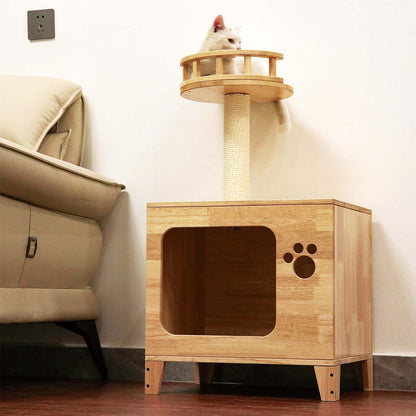 Modern Cat House Side Table for Indoor Cats, Wood Cat Condo Furniture with Scratching Posts & Hanging Toys, for Living Rooms, Bedrooms & Small Spaces