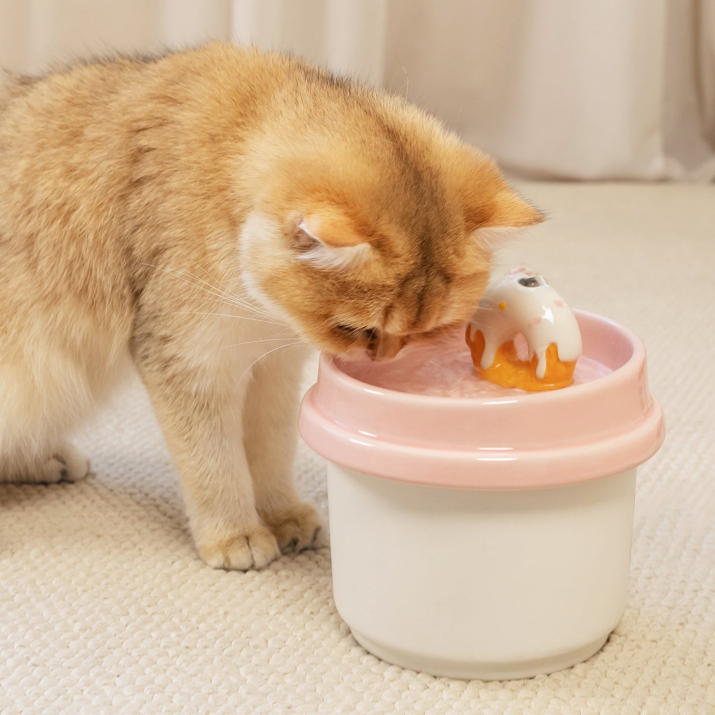 Donut-Shaped Ceramic Cat Water Fountain 42oz, Ultra-Quiet Automatic Pet Drinking Fountain with Filter, Dust Cover & Smart Sensor, for Cats & Pets