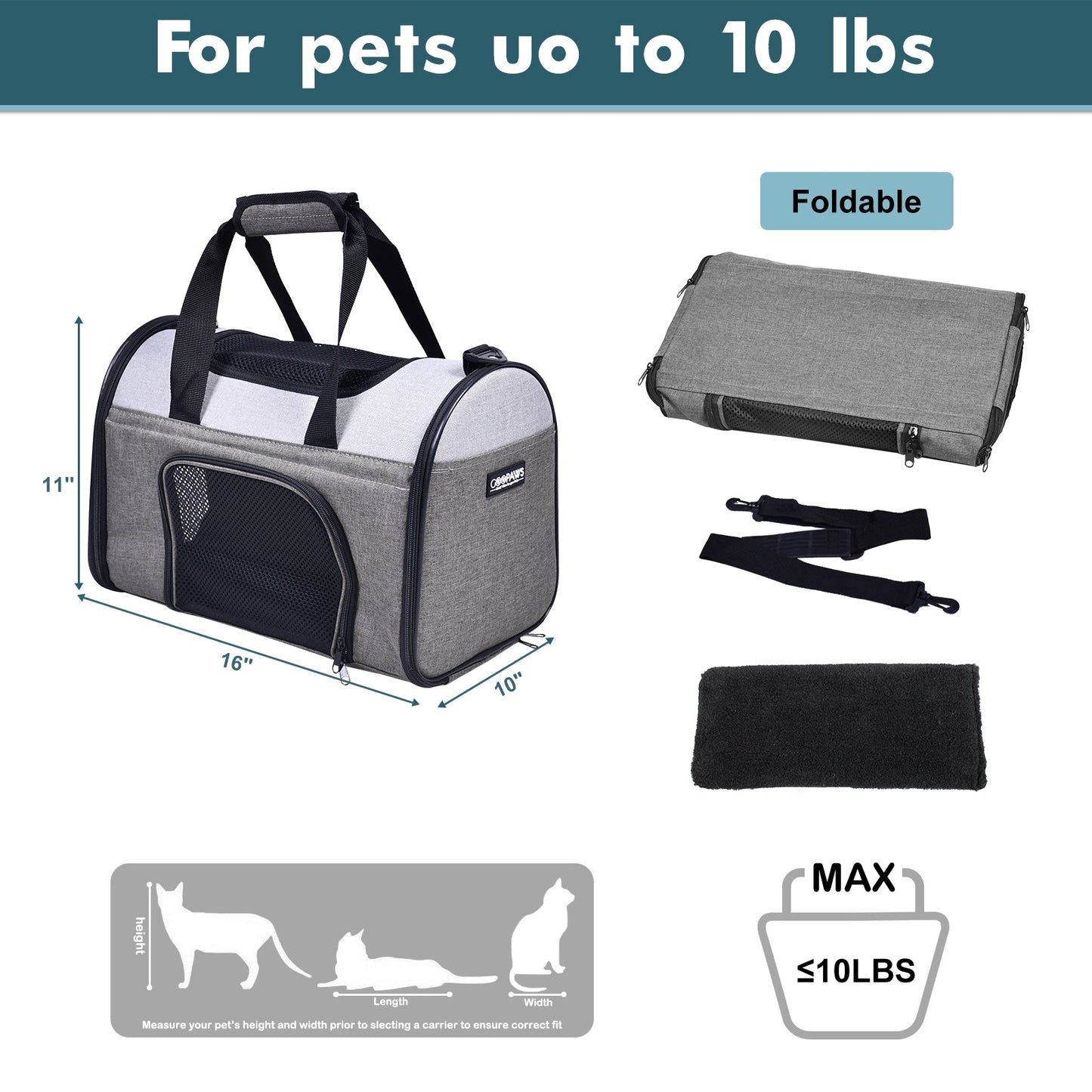 Collapsible Airline Pet Carrier for Small Dogs & Cats, Foldable Travel Bag with Mesh Ventilation, Fleece Mat & Pockets, for Flights, Cars & Outdoors